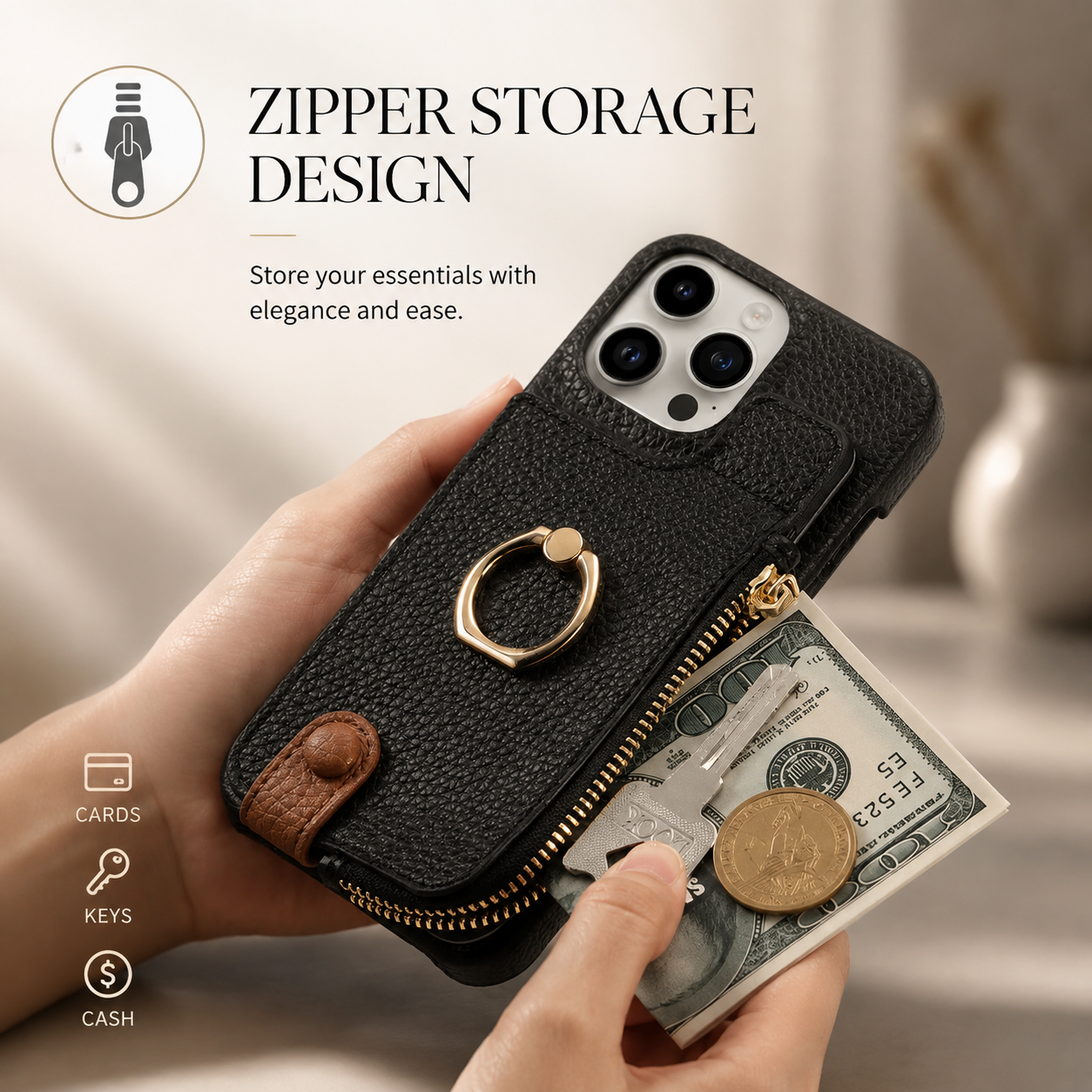 Premium Luxury iPhone Case Leather Zipper Wallet Cover Card Holder Ring Kickstand Magnetic Closure Shockproof Full Body Protection Slim Design Finish
