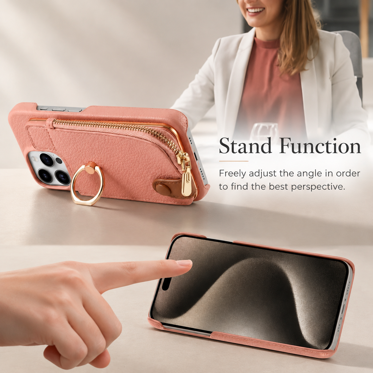 Premium Luxury iPhone Case Leather Zipper Wallet Cover Card Holder Ring Kickstand Magnetic Closure Shockproof Full Body Protection Slim Design Finish