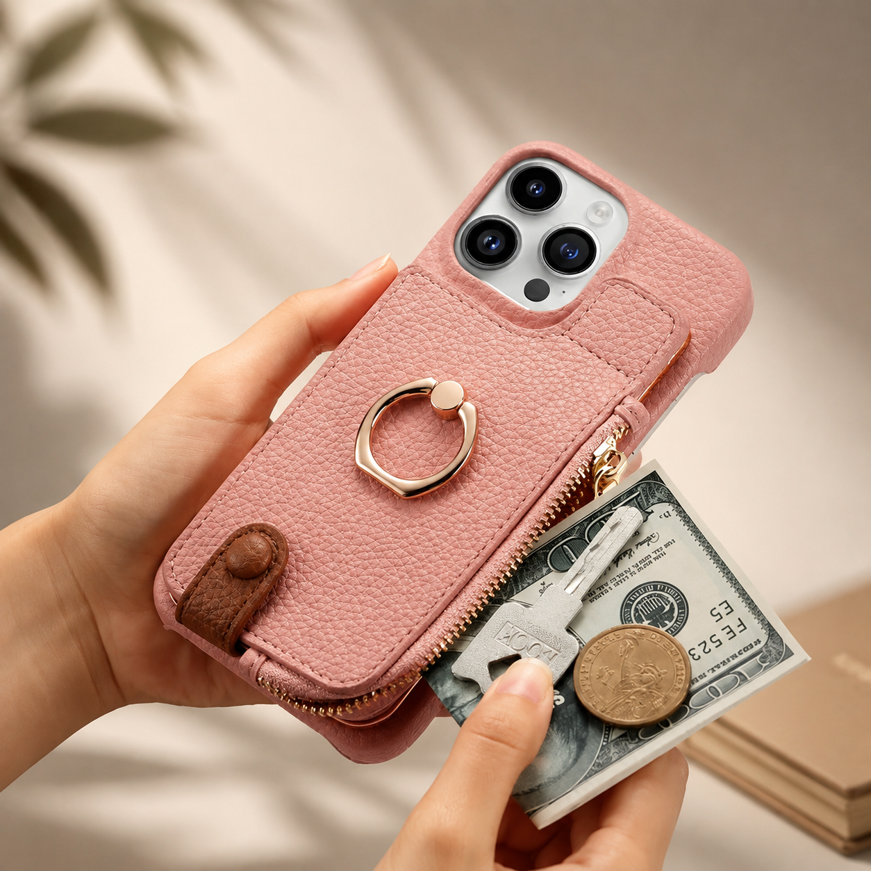 Premium Luxury iPhone Case Leather Zipper Wallet Cover Card Holder Ring Kickstand Magnetic Closure Shockproof Full Body Protection Slim Design Finish