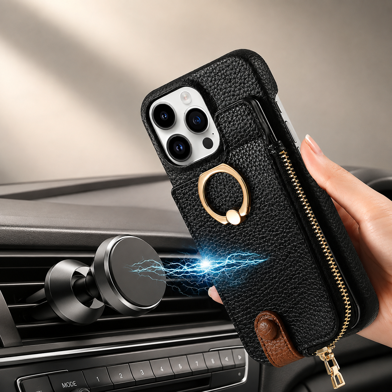 Premium Luxury iPhone Case Leather Zipper Wallet Cover Card Holder Ring Kickstand Magnetic Closure Shockproof Full Body Protection Slim Design Finish