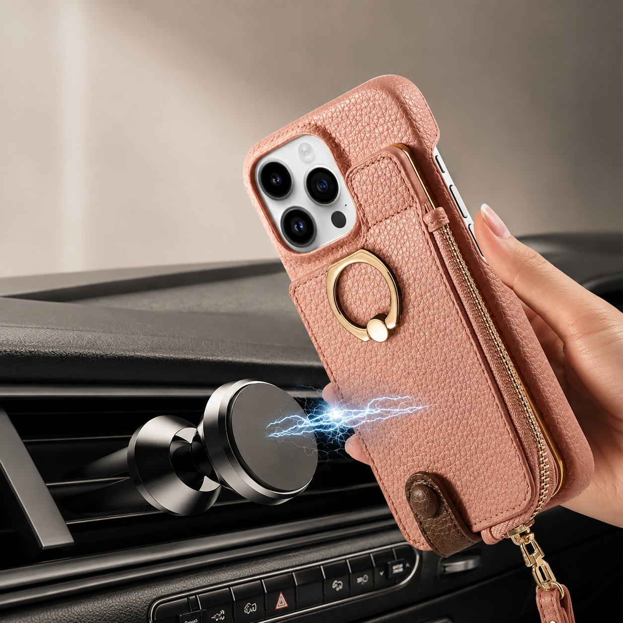 Premium Luxury iPhone Case Leather Zipper Wallet Cover Card Holder Ring Kickstand Magnetic Closure Shockproof Full Body Protection Slim Design Finish