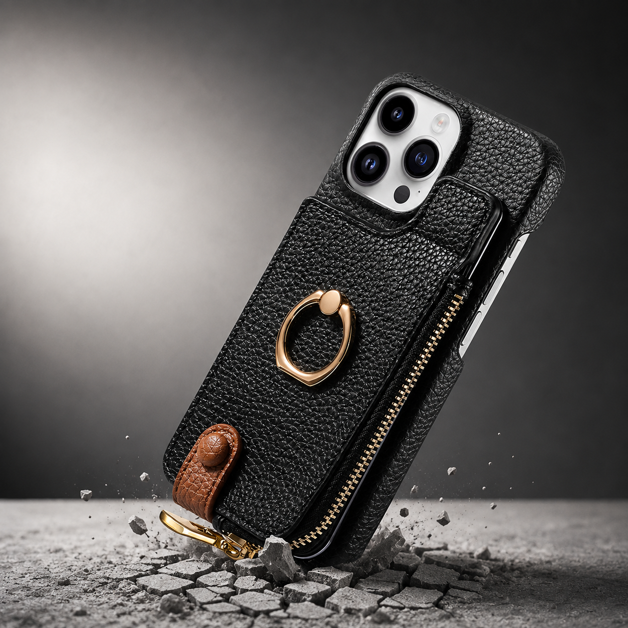 Premium Luxury iPhone Case Leather Zipper Wallet Cover Card Holder Ring Kickstand Magnetic Closure Shockproof Full Body Protection Slim Design Finish
