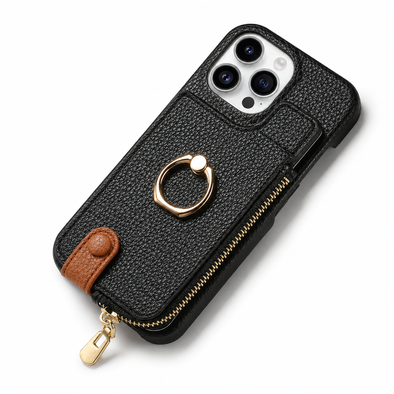 Premium Luxury iPhone Case Leather Zipper Wallet Cover Card Holder Ring Kickstand Magnetic Closure Shockproof Full Body Protection Slim Design Finish