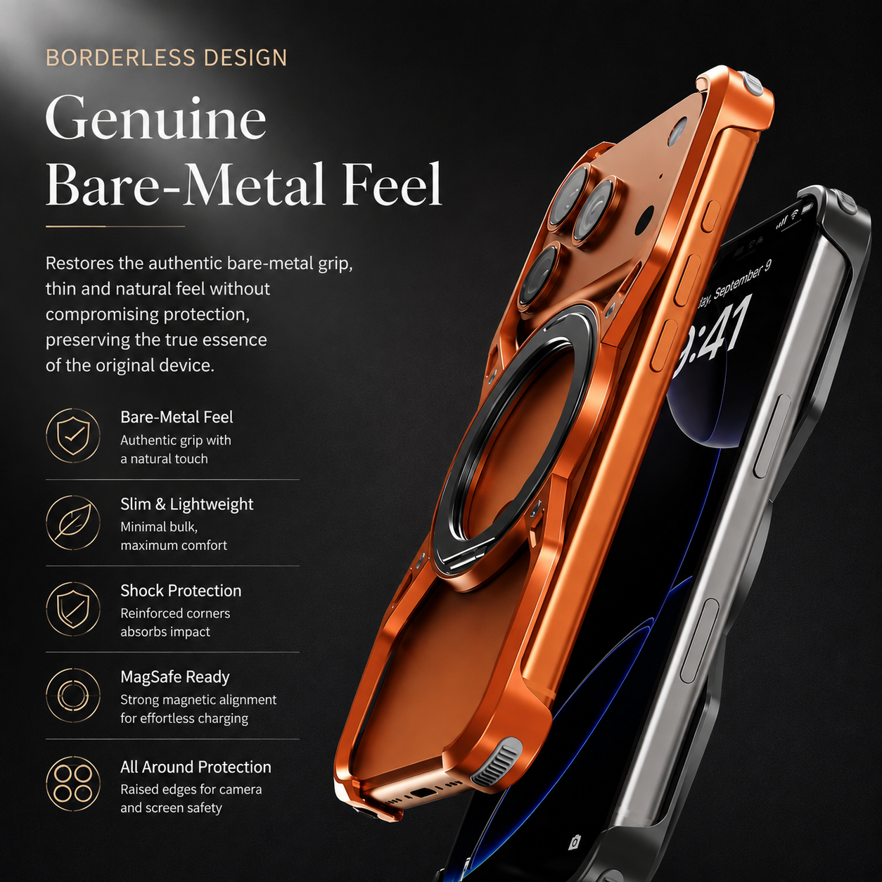Premium Luxury iPhone Case MagSafe Compatible Aluminum Bumper Frame Cover 360° Rotating Ring Stand Shockproof Camera Protection Slim Design Finish