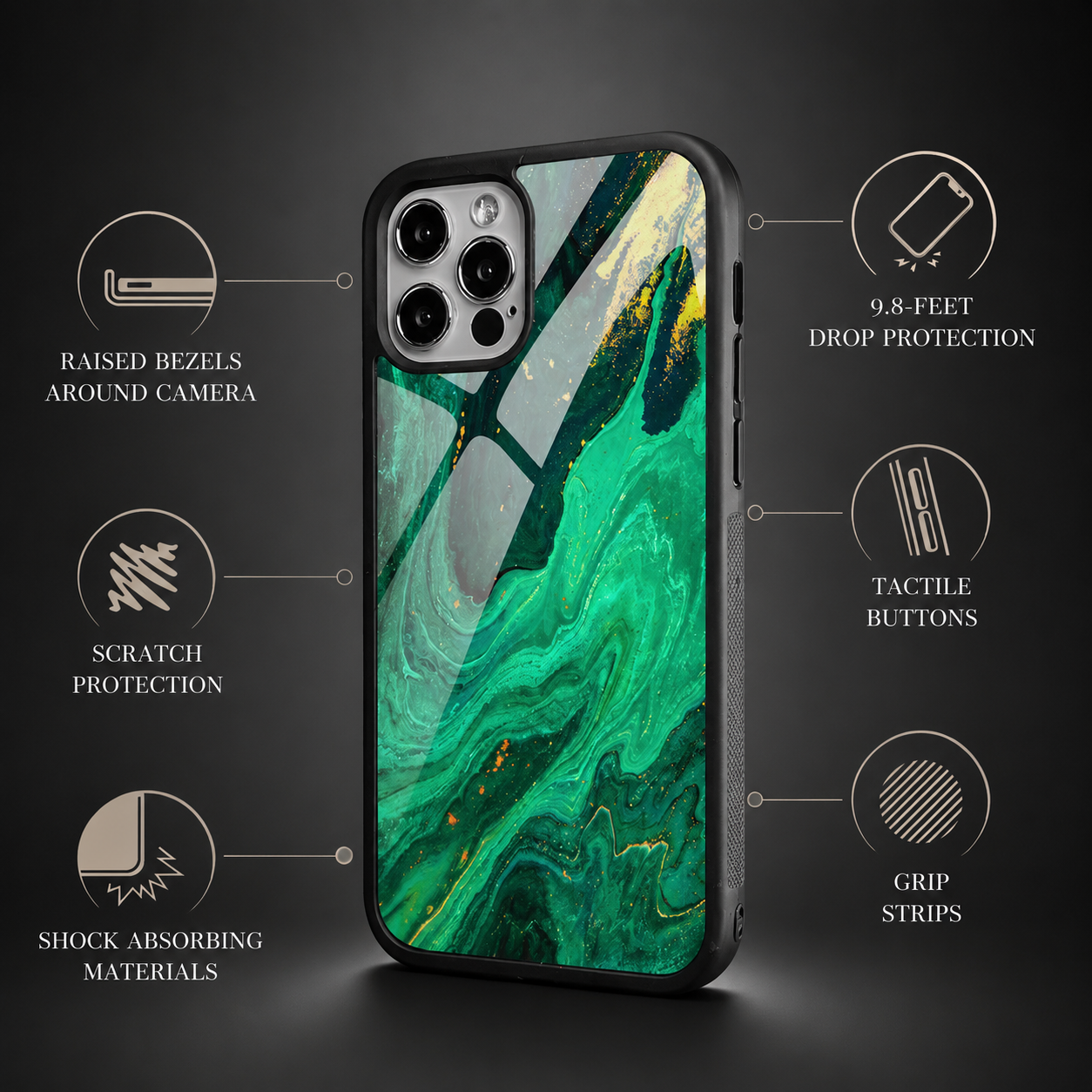 Premium Luxury iPhone Case MagSafe Compatible Black Marble Texture Cover Gold Edge Design Shockproof Camera Protection 3D Grip Slim Profile Finish