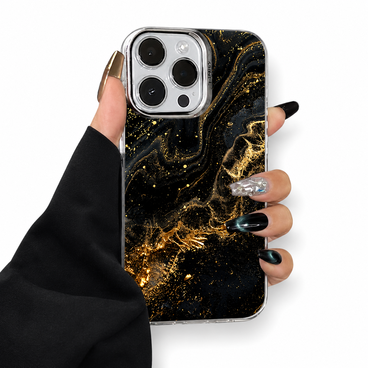 Premium Luxury iPhone Case MagSafe Compatible Black Marble Texture Cover Gold Edge Design Shockproof Camera Protection 3D Grip Slim Profile Finish