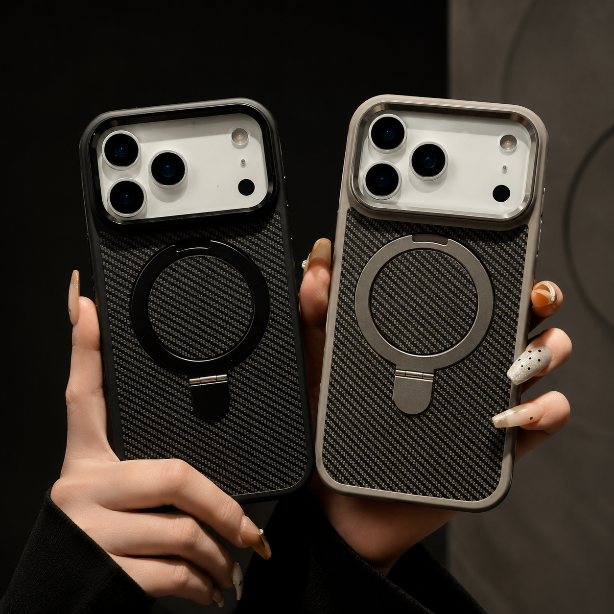 Premium Luxury iPhone Case MagSafe Compatible Carbon Fiber Texture Magnetic Stand Holder Cover Shockproof Half Wrapped PC Protective Durable Design