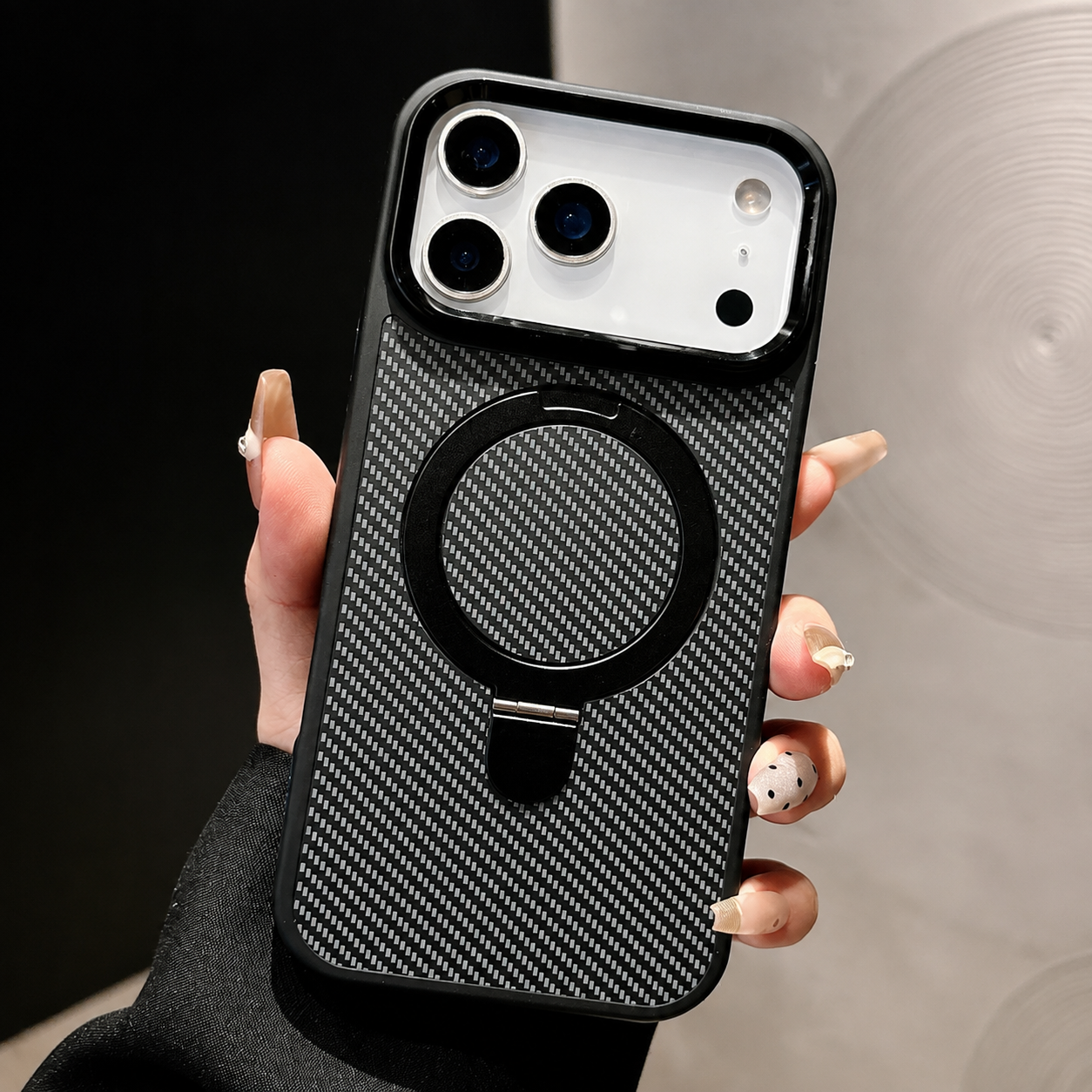 Premium Luxury iPhone Case MagSafe Compatible Carbon Fiber Texture Magnetic Stand Holder Cover Shockproof Half Wrapped PC Protective Durable Design