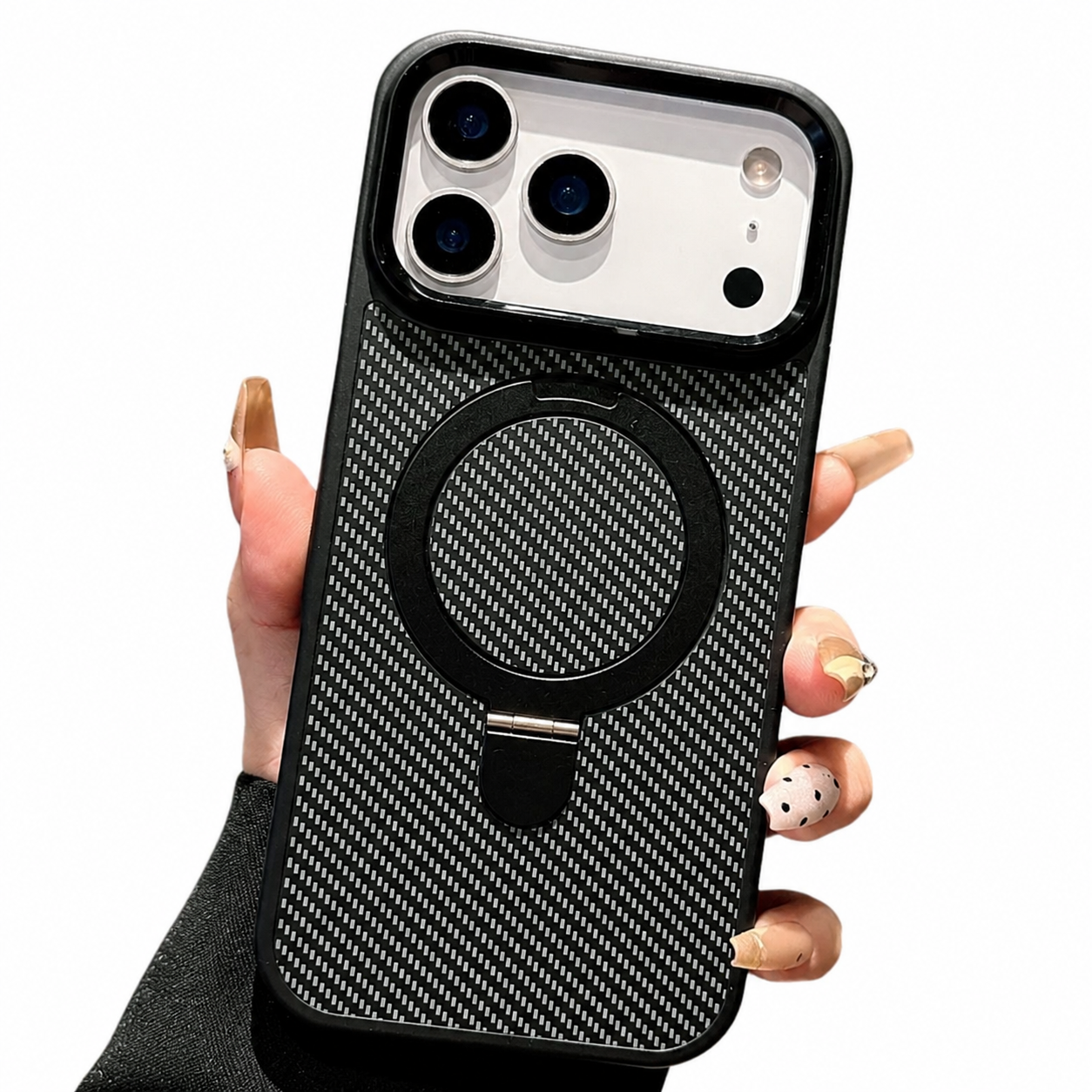 Premium Luxury iPhone Case MagSafe Compatible Carbon Fiber Texture Magnetic Stand Holder Cover Shockproof Half Wrapped PC Protective Durable Design