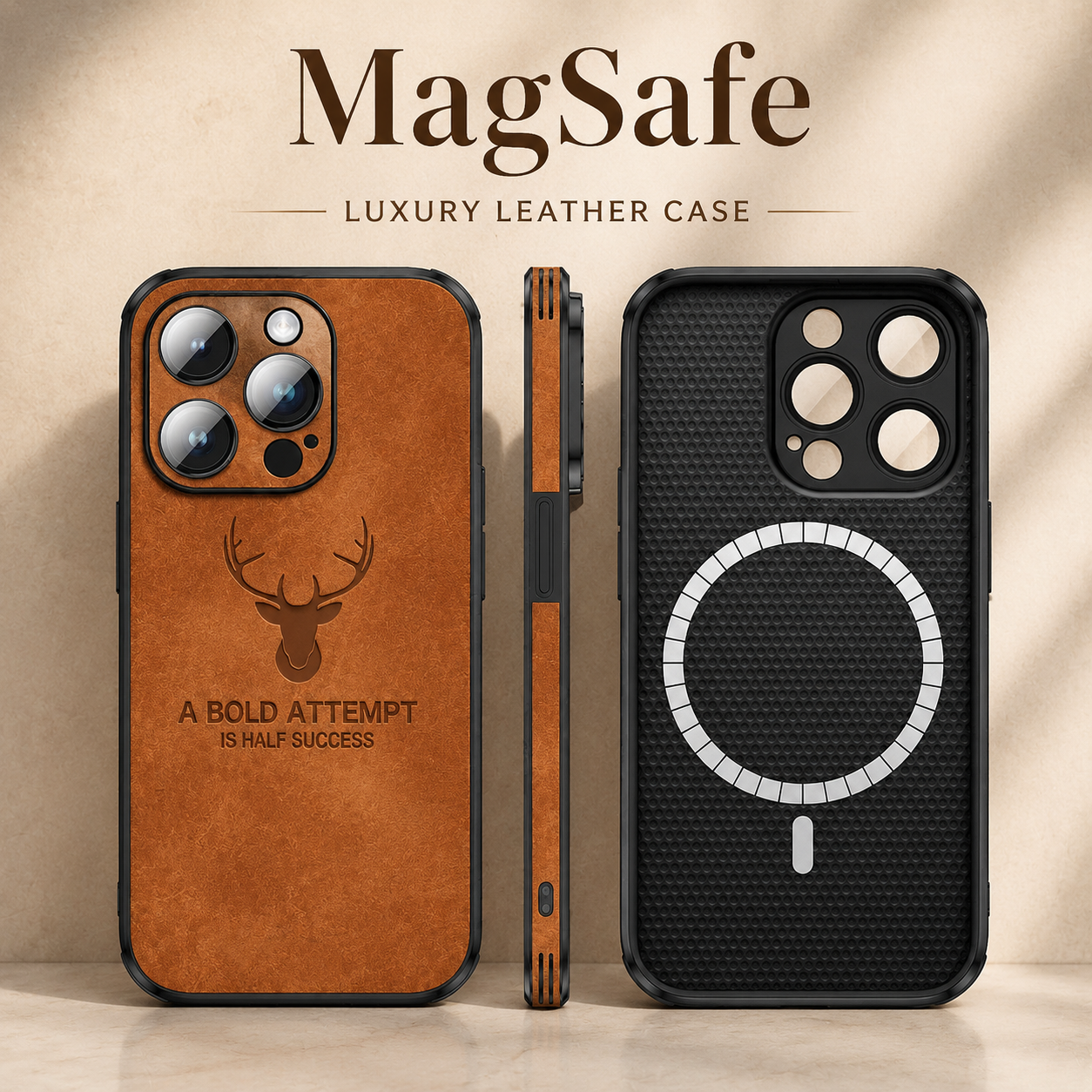 Premium Luxury iPhone Case MagSafe Compatible Deer Leather Texture Silicone Cover Shockproof Camera Lens Protection Slim Bumper Durable Design Finish