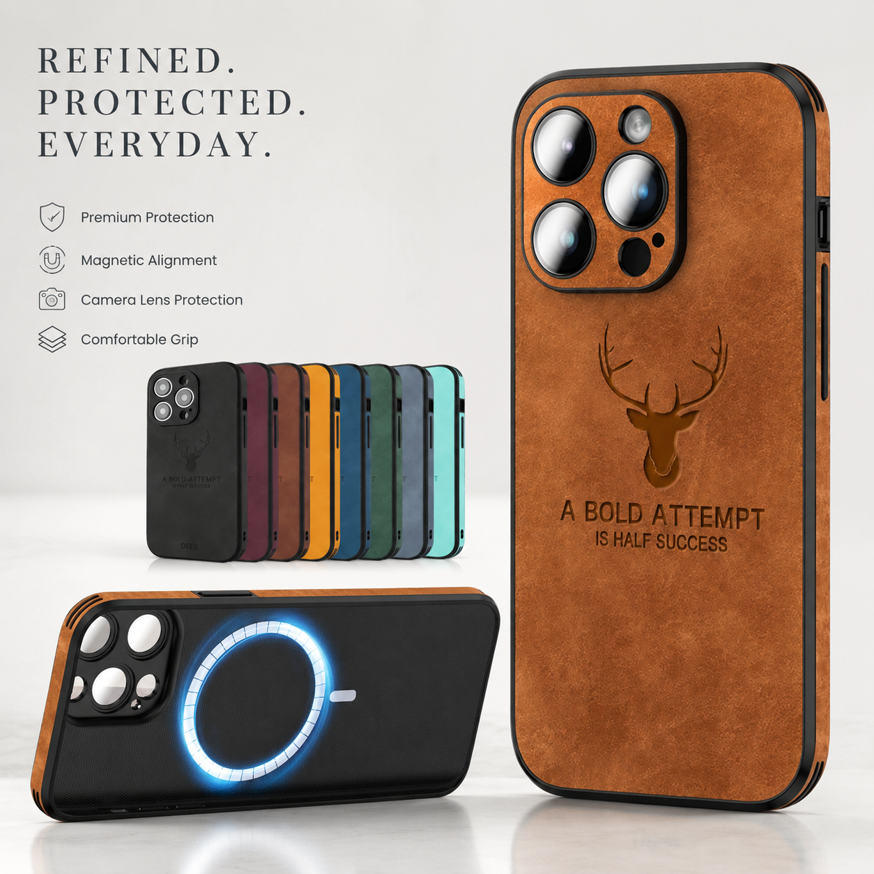 Premium Luxury iPhone Case MagSafe Compatible Deer Leather Texture Silicone Cover Shockproof Camera Lens Protection Slim Bumper Durable Design Finish