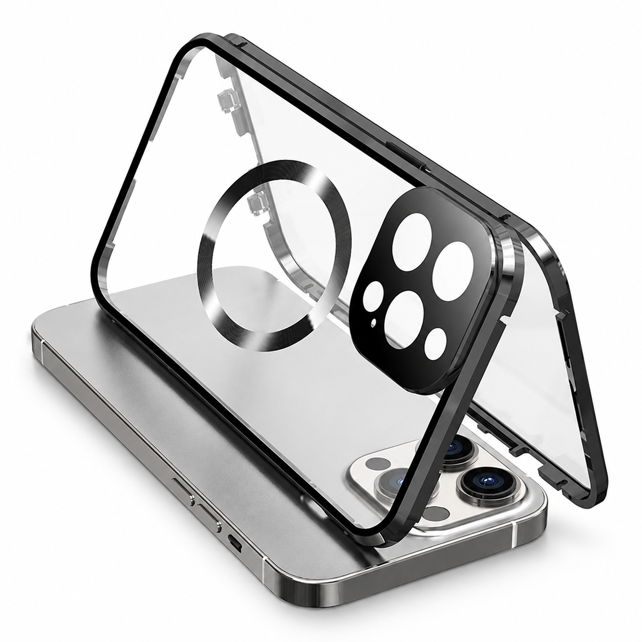 Premium Luxury iPhone Case MagSafe Compatible Double Sided Tempered Glass Metal Frame Cover Shockproof 360 Full Body Camera Protection Slim Design Finish