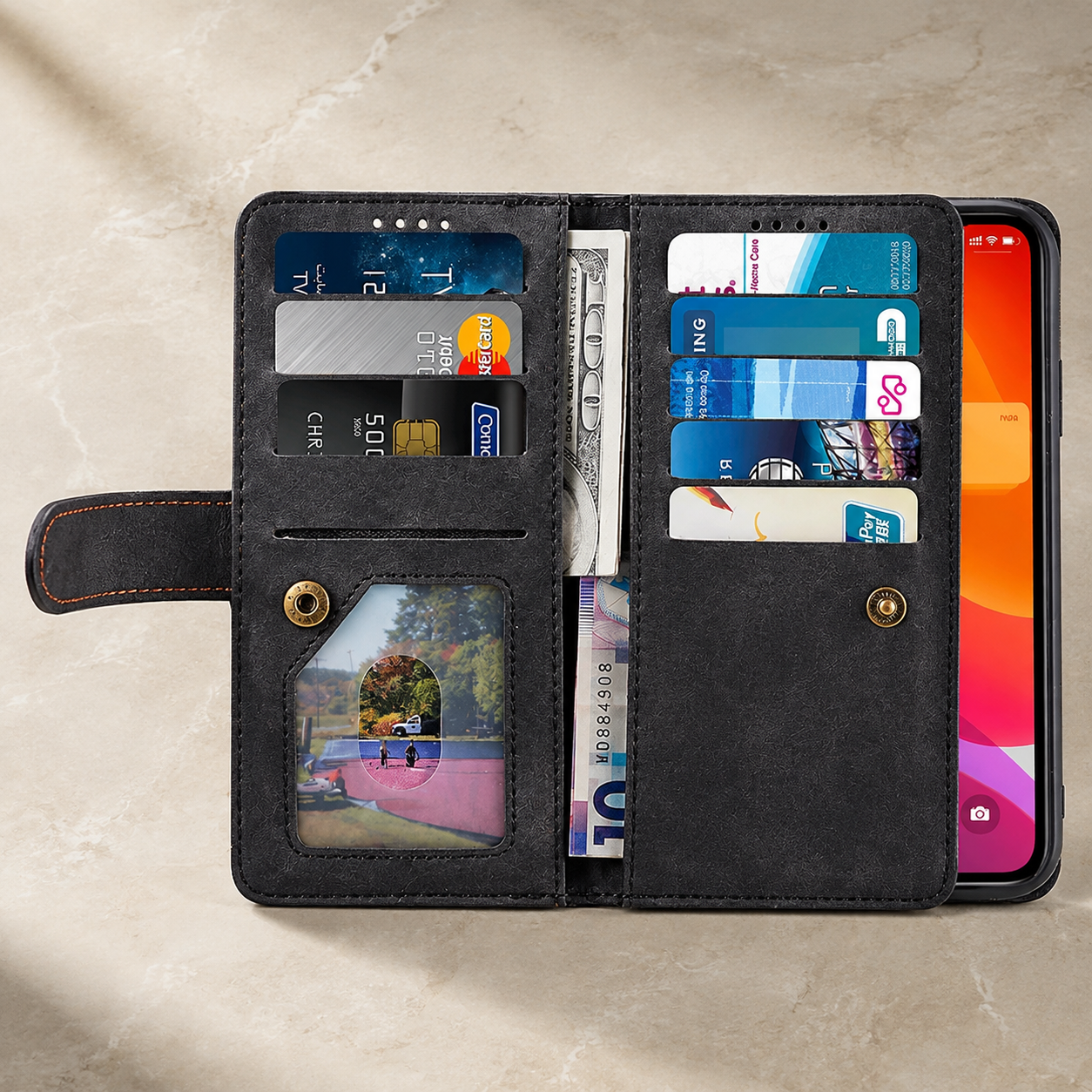 Premium Luxury iPhone Case MagSafe Compatible Flip Wallet Leather Cover Zipper Card Holder Strap Kickstand Shockproof Camera Protection Design Finish