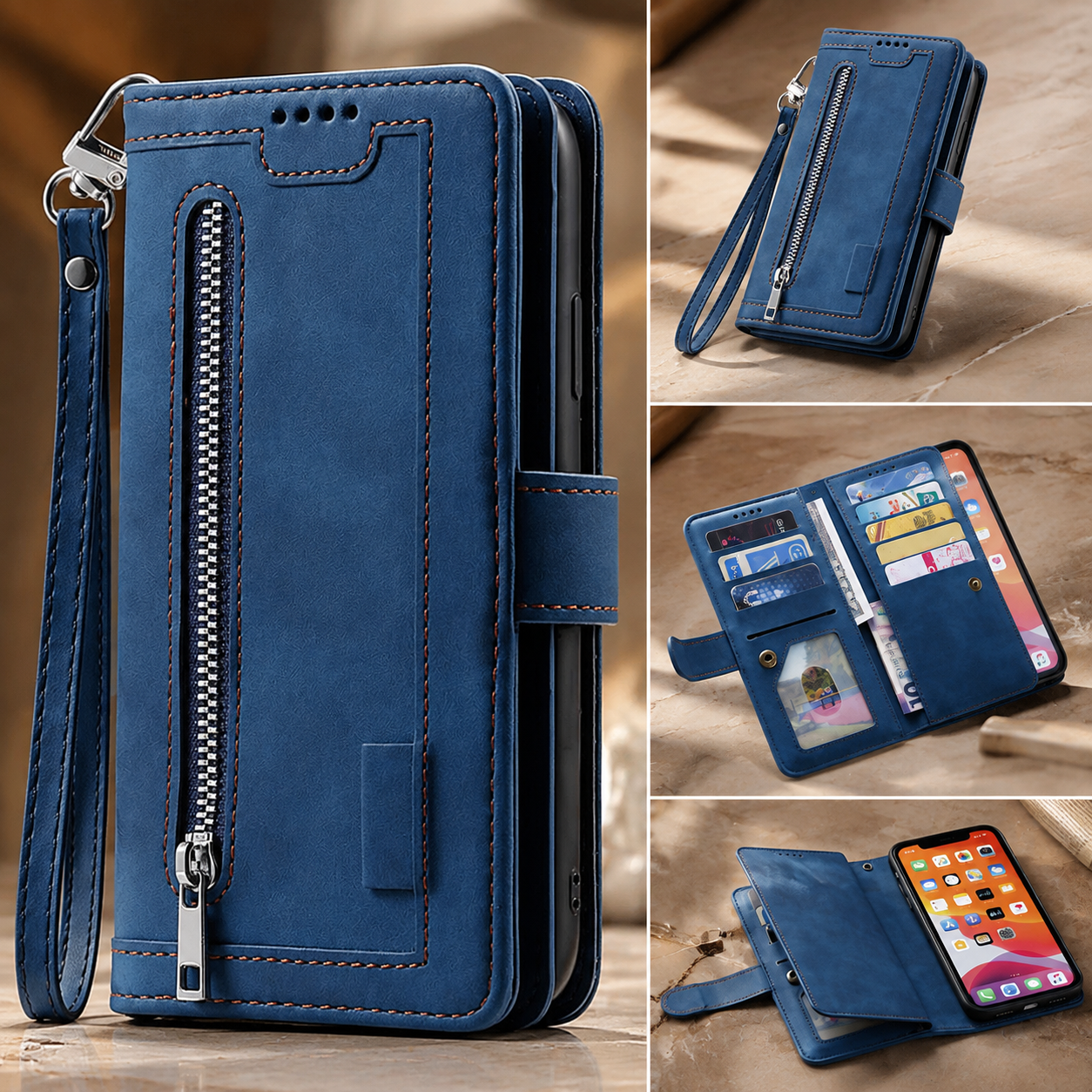 Premium Luxury iPhone Case MagSafe Compatible Flip Wallet Leather Cover Zipper Card Holder Strap Kickstand Shockproof Camera Protection Design Finish