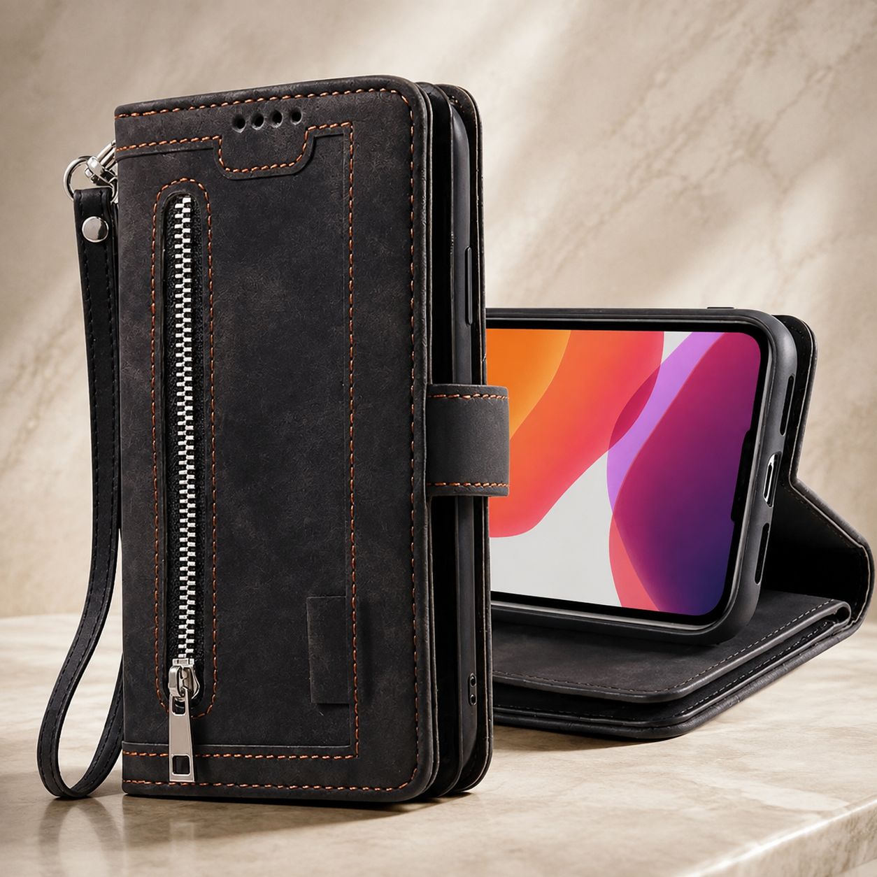 Premium Luxury iPhone Case MagSafe Compatible Flip Wallet Leather Cover Zipper Card Holder Strap Kickstand Shockproof Camera Protection Design Finish
