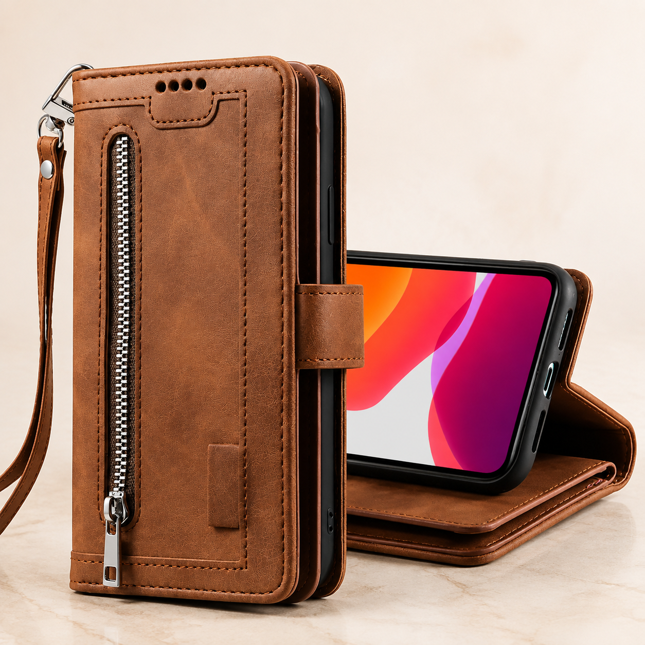 Premium Luxury iPhone Case MagSafe Compatible Flip Wallet Leather Cover Zipper Card Holder Strap Kickstand Shockproof Camera Protection Design Finish