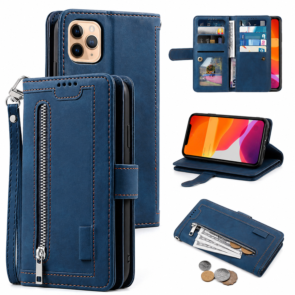 Premium Luxury iPhone Case MagSafe Compatible Flip Wallet Leather Cover Zipper Card Holder Strap Kickstand Shockproof Camera Protection Design Finish