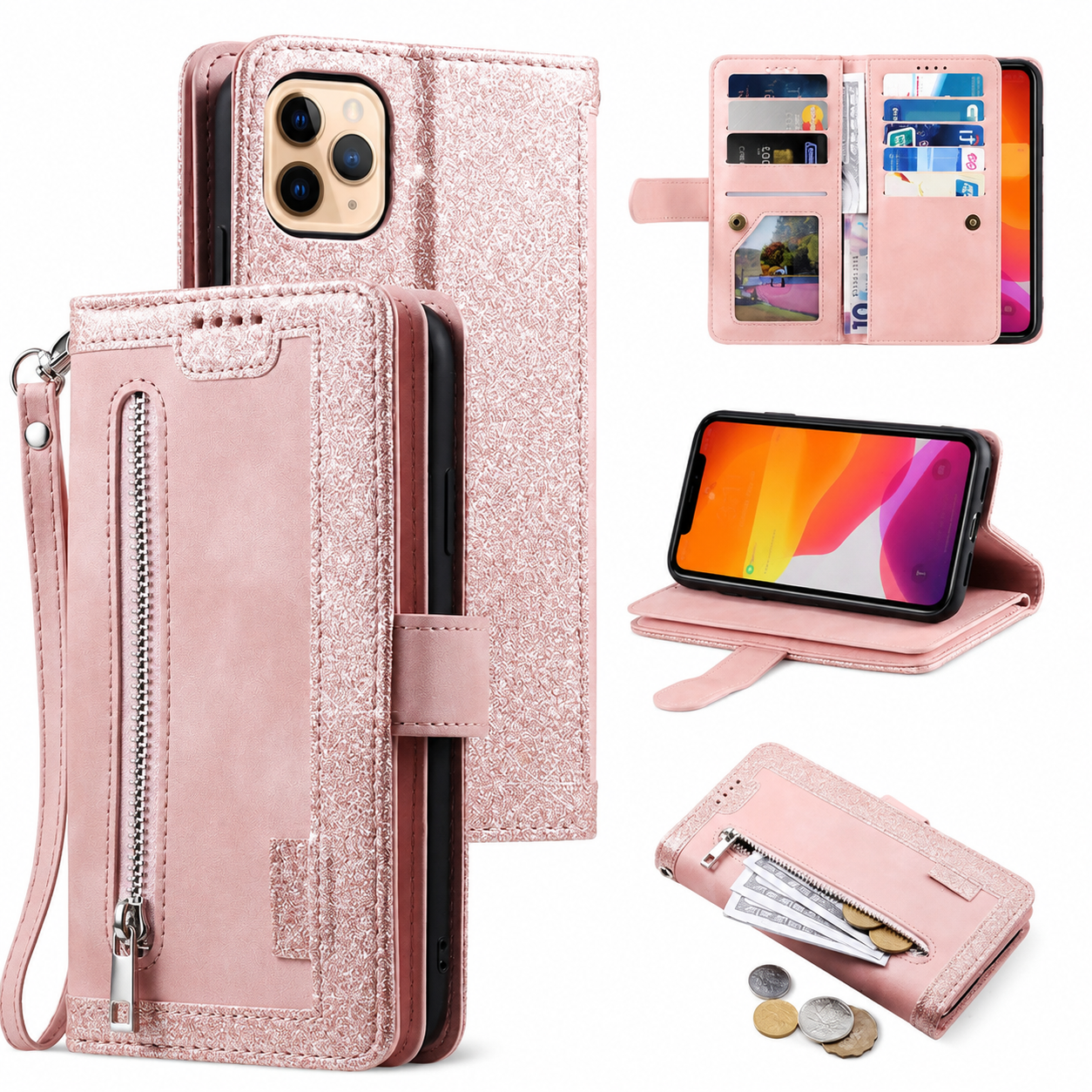 Premium Luxury iPhone Case MagSafe Compatible Flip Wallet Leather Cover Zipper Card Holder Strap Kickstand Shockproof Camera Protection Design Finish