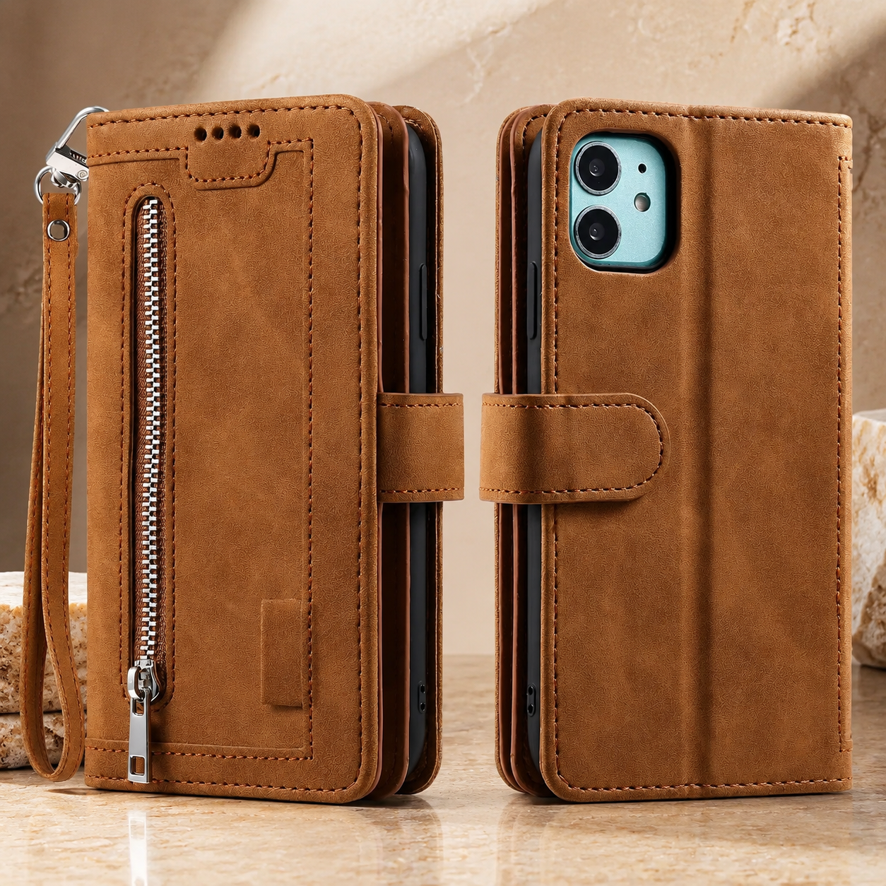 Premium Luxury iPhone Case MagSafe Compatible Flip Wallet Leather Cover Zipper Card Holder Strap Kickstand Shockproof Camera Protection Design Finish