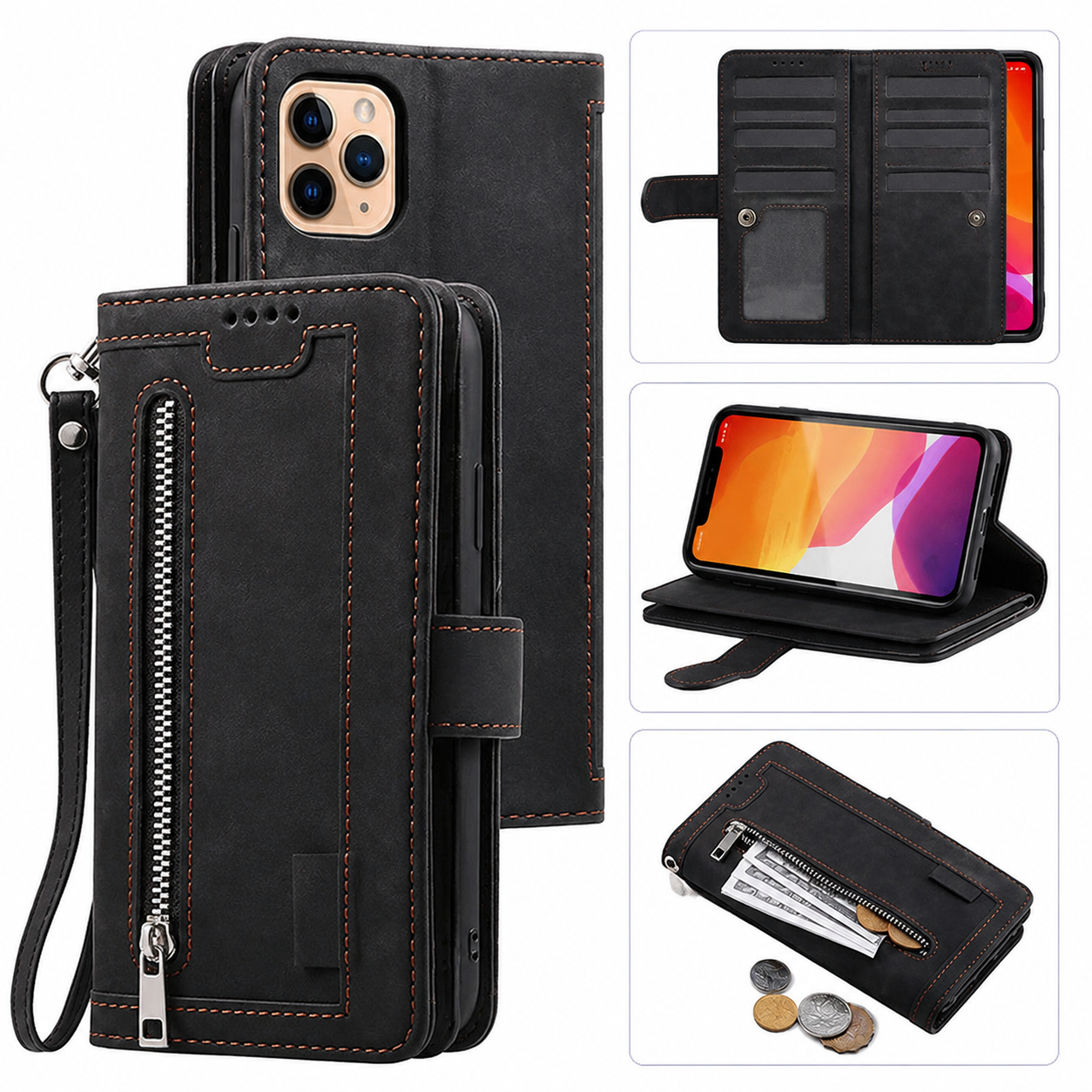 Premium Luxury iPhone Case MagSafe Compatible Flip Wallet Leather Cover Zipper Card Holder Strap Kickstand Shockproof Camera Protection Design Finish
