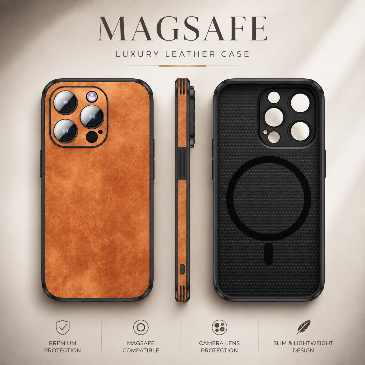 Premium Luxury iPhone Case MagSafe Compatible Genuine Leather Cover Shockproof Camera Lens Protection Slim Protective Durable Design Finish Style