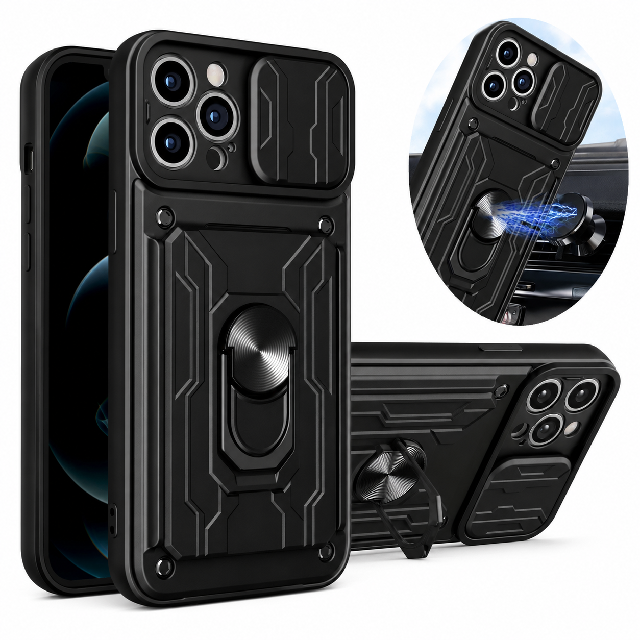 Premium Luxury iPhone Case MagSafe Compatible Liquid Silicone Cover Card Holder Ring Stand Shockproof Camera Protection Slim Design Finish