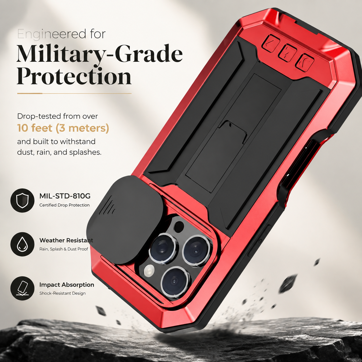Premium Luxury iPhone Case MagSafe Compatible Military Metal Armor Cover Slide Camera Protector Tempered Glass Screen Shockproof Full Body Waterproof Rugged Design