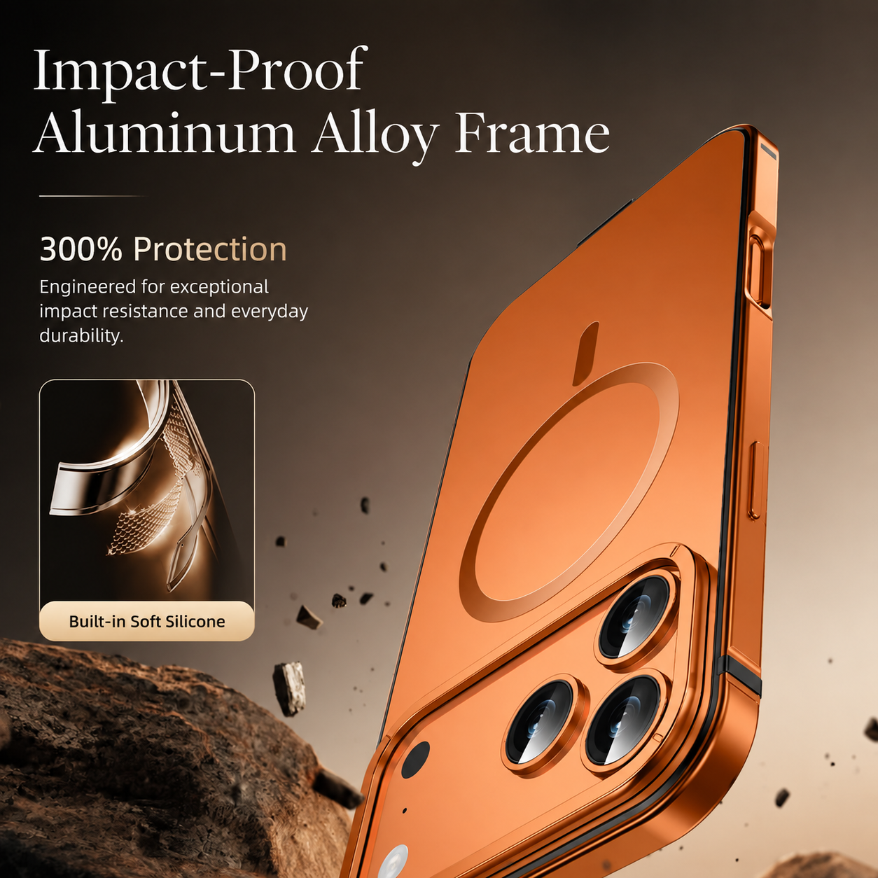 Premium Luxury iPhone Case MagSafe Compatible Orange Aluminum Alloy Cover Magnetic Glass Camera Protection Shockproof Matte Anti Scratch Durable Design