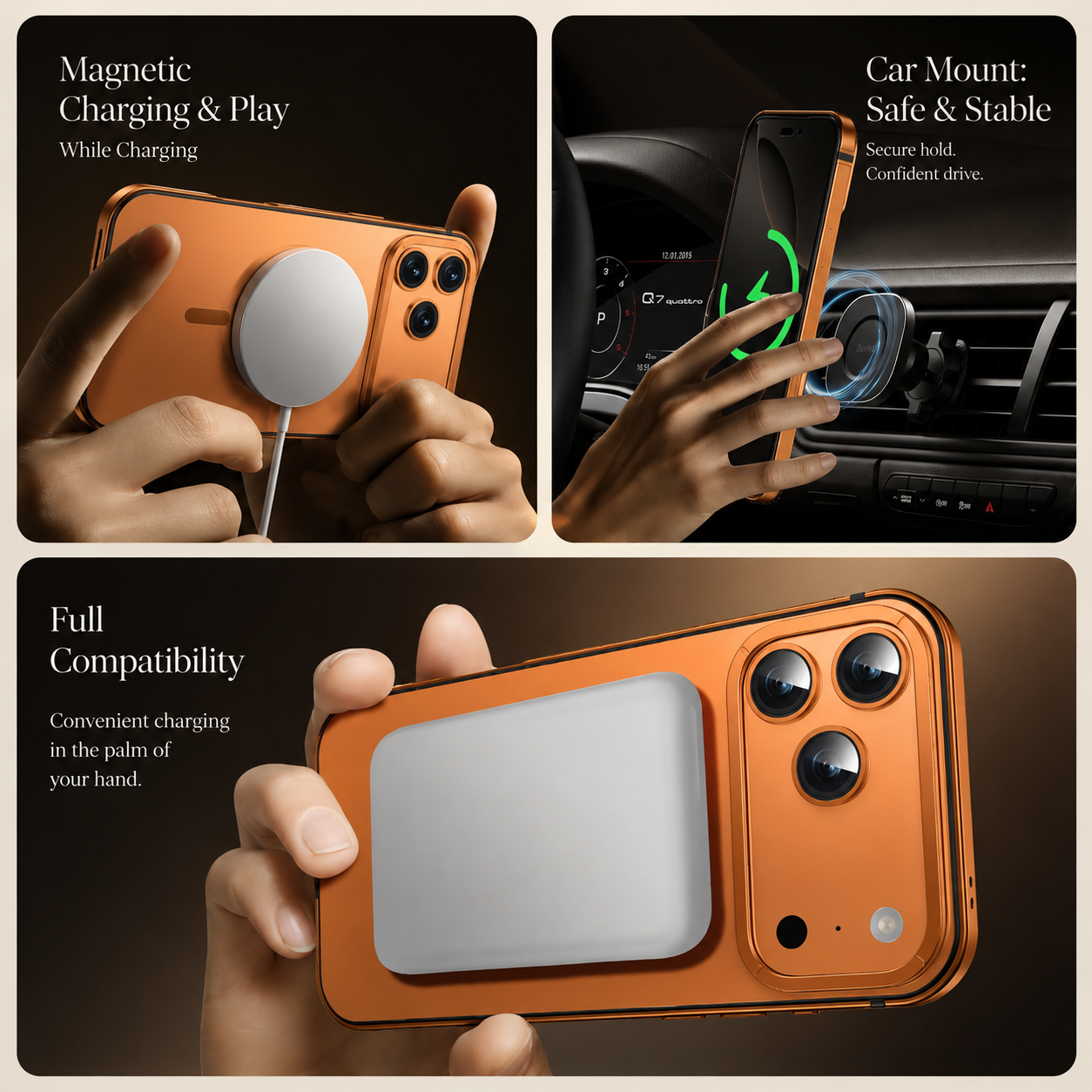 Premium Luxury iPhone Case MagSafe Compatible Orange Aluminum Alloy Cover Magnetic Glass Camera Protection Shockproof Matte Anti Scratch Protective Durable Design