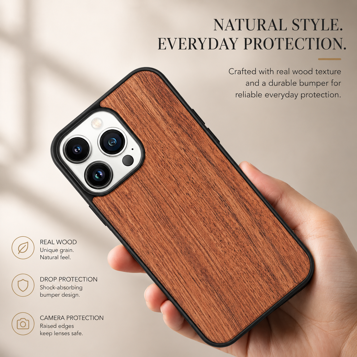 Premium Luxury iPhone Case MagSafe Compatible Solid Bamboo Wood Cover Hard Back Shockproof Camera Protection Slim Natural Design Finish