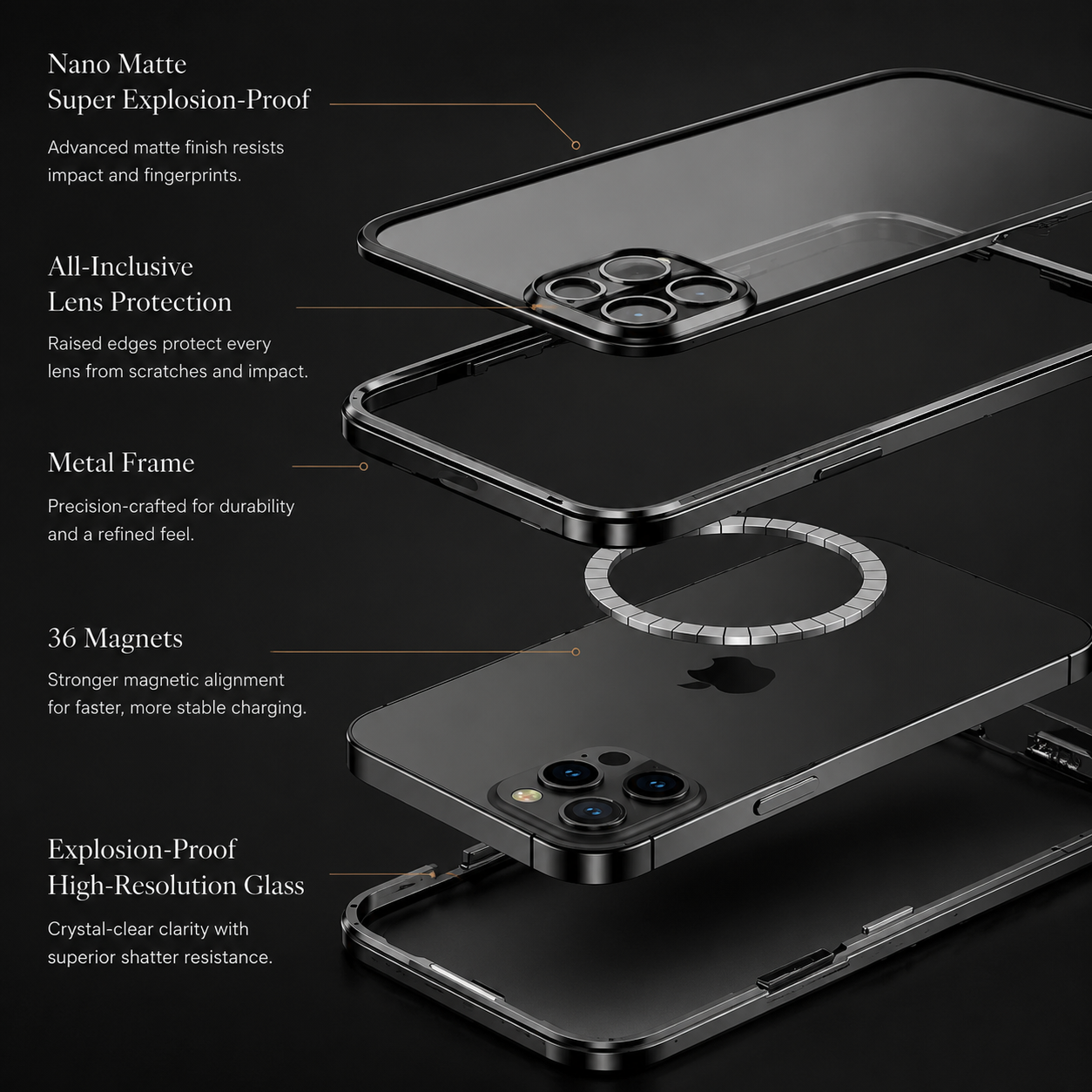 Premium Luxury iPhone Case MagSafe Compatible Transparent Aluminum Frame Tempered Glass Full Body Cover Shockproof Camera Protection Durable Design