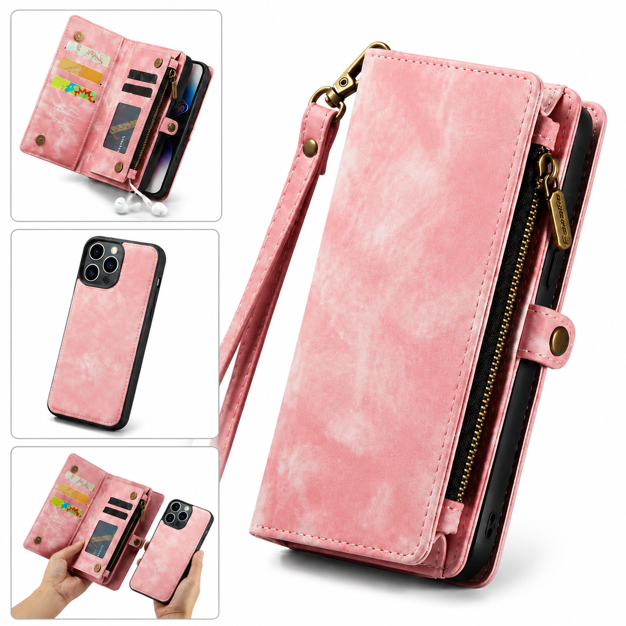 Premium Luxury iPhone Case Removable Magnetic Wallet Cover 8 Card Holder Metal Zipper Faux Leather Kickstand Lanyard Protective Durable Design