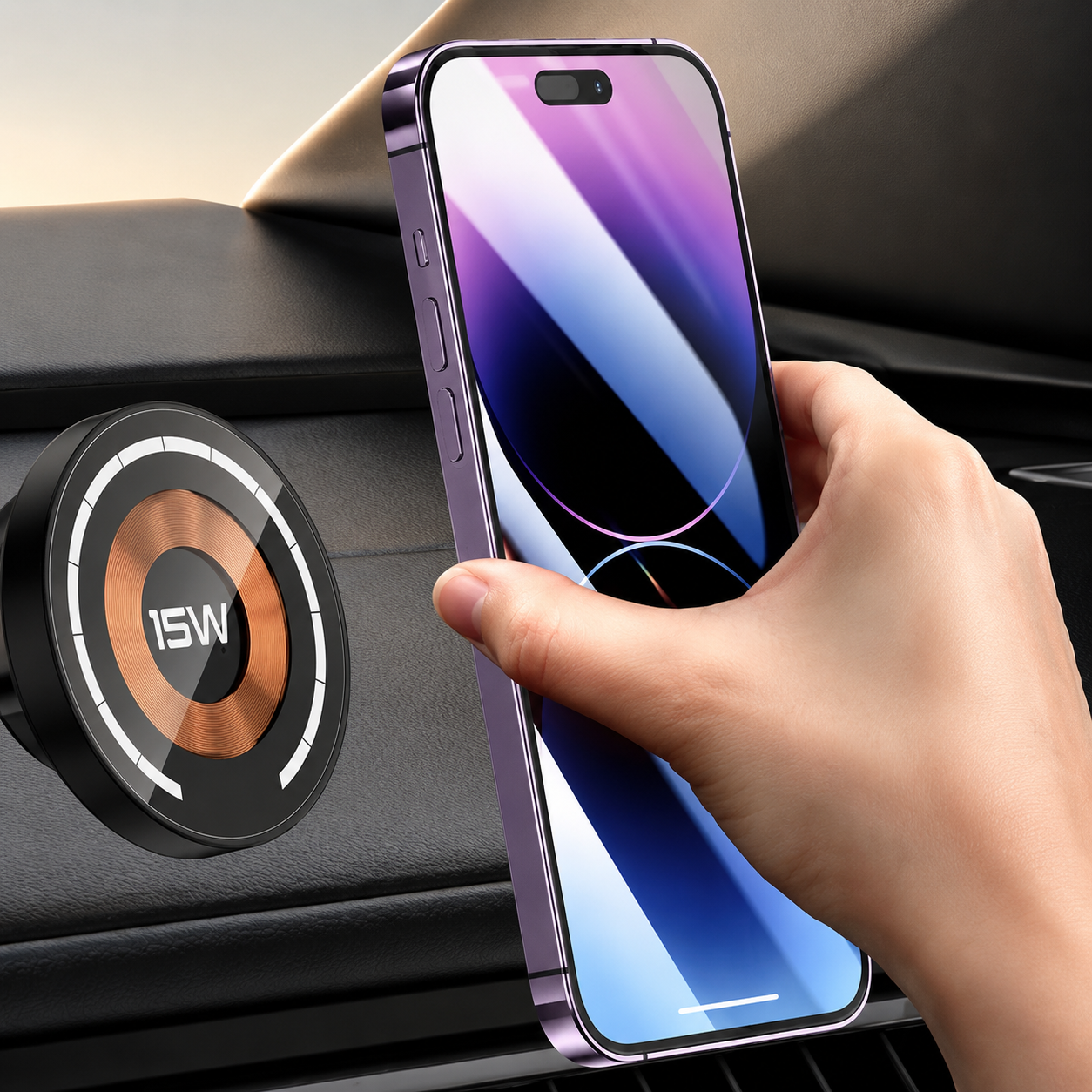Premium Magnetic Car Wireless Charger Mount 15W Fast Charging Foldable Metal Phone Holder 360° Rotation Air Vent Stand Compatible with iPhone