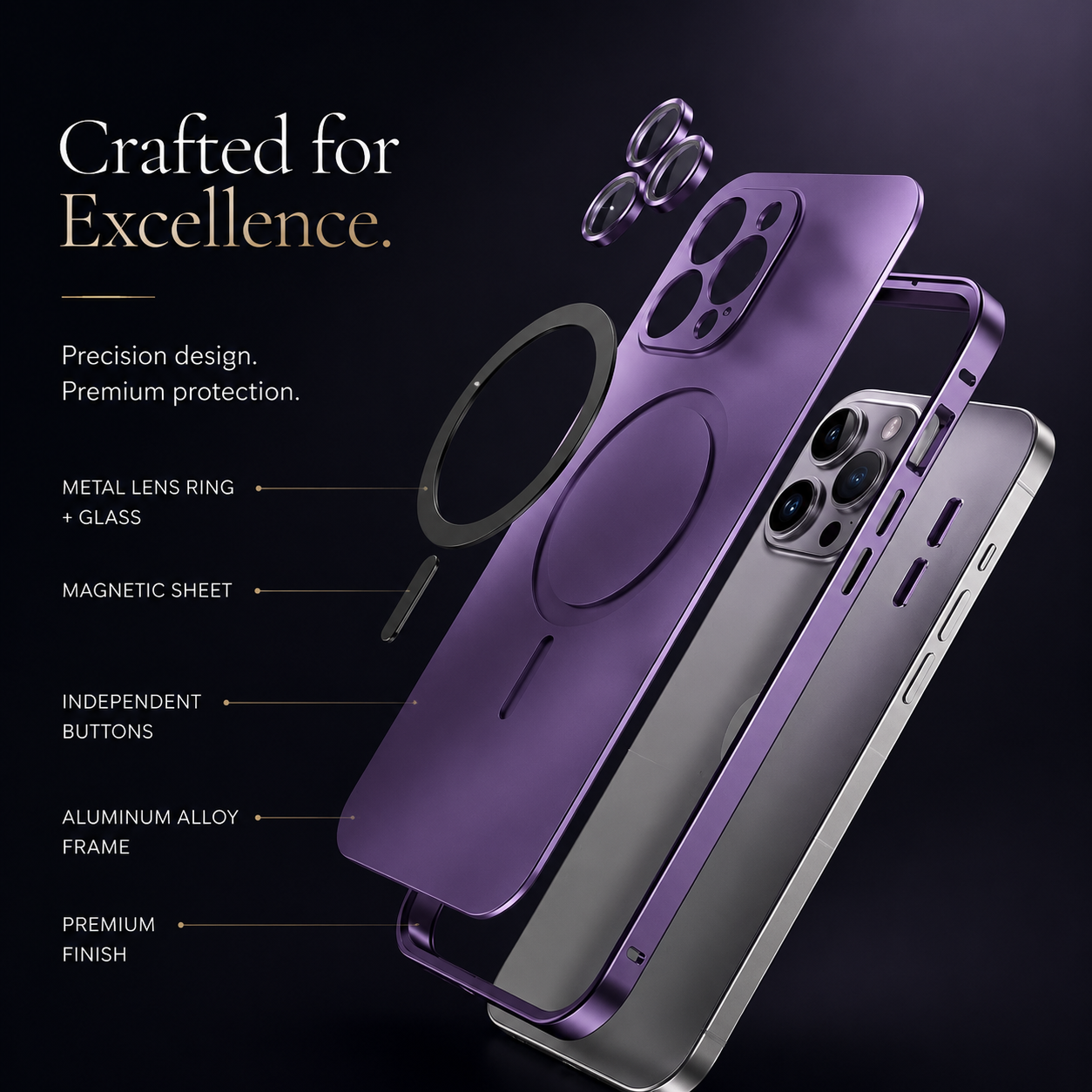 Premium Magnetic Metal iPhone Case Aluminum Frame Shockproof Slim Protective Cover Lens Film Protection Transparent Back Luxury Design