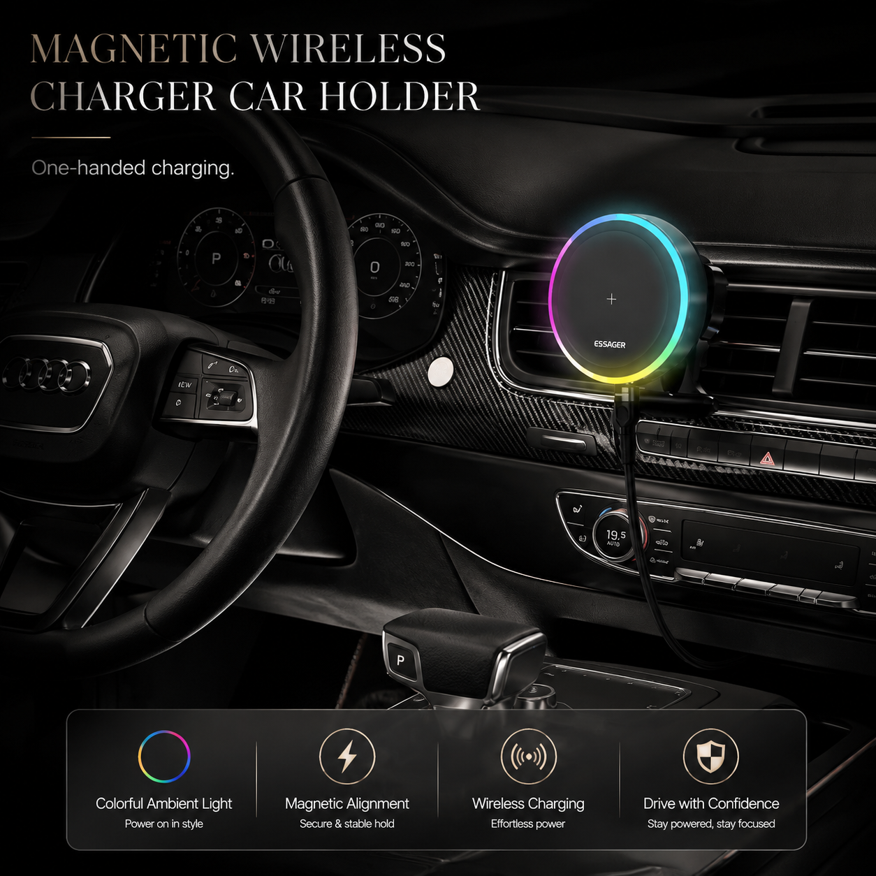 Premium RGB Magnetic Wireless Car Phone Holder 15W Qi Fast Wireless Charging Car Mount 360° Rotating Dashboard Air Vent Mount Compatible with iPhone