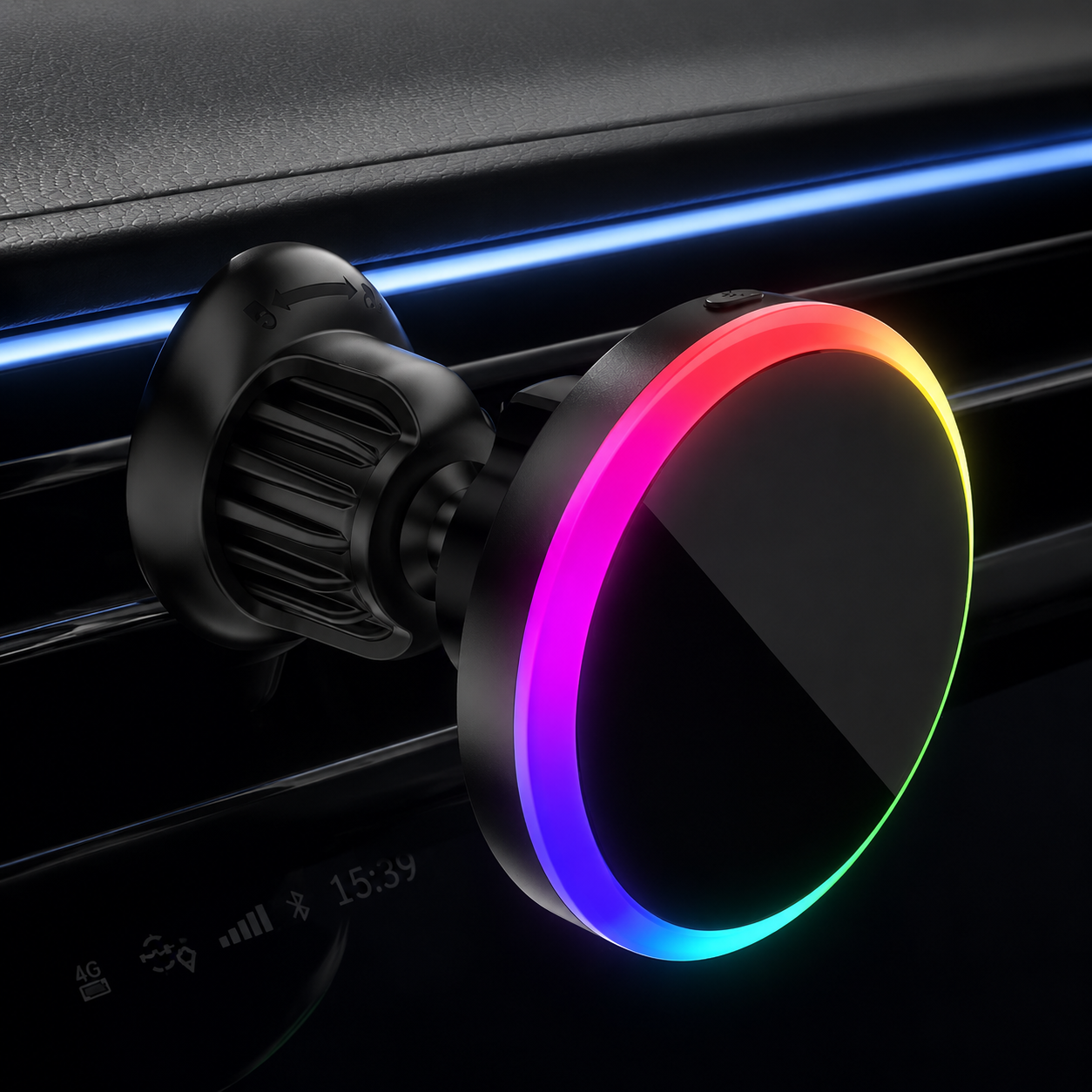 Premium RGB Magnetic Wireless Car Phone Holder 15W Qi Fast Wireless Charging Car Mount 360° Rotating Dashboard Air Vent Mount Compatible with iPhone