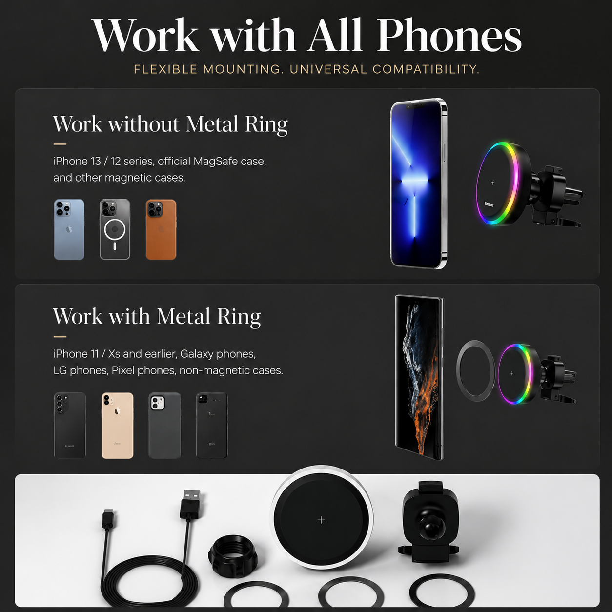 Premium RGB Magnetic Wireless Car Phone Holder 15W Qi Fast Wireless Charging Car Mount 360° Rotating Dashboard Air Vent Mount Compatible with iPhone