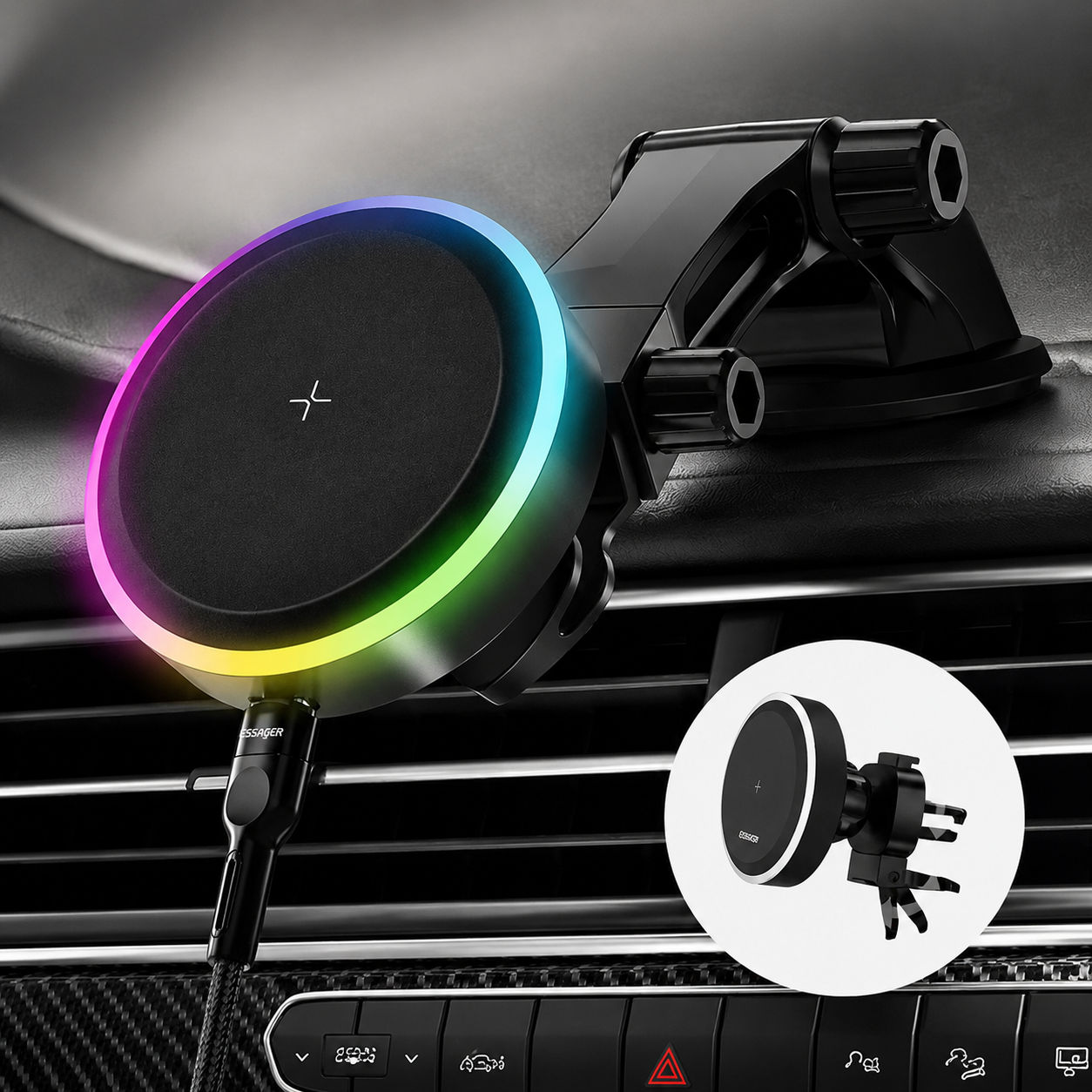 Premium RGB Magnetic Wireless Car Phone Holder 15W Qi Fast Wireless Charging Car Mount 360° Rotating Dashboard Air Vent Mount Compatible with iPhone