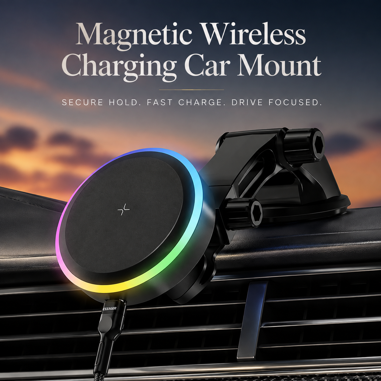 Premium RGB Magnetic Wireless Car Phone Holder 15W Qi Fast Wireless Charging Car Mount 360° Rotating Dashboard Air Vent Mount Compatible with iPhone