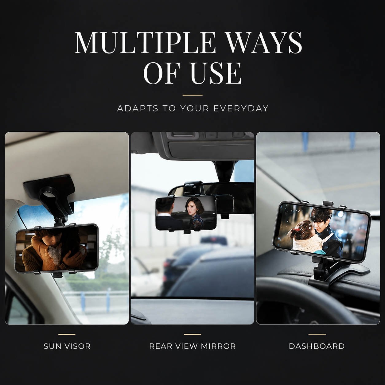 Premium Universal Car Phone Holder Mount 3-in-1 Dashboard Rearview Mirror Sun Visor Stand 360° Rotation Anti-Slip Compatible with iPhone