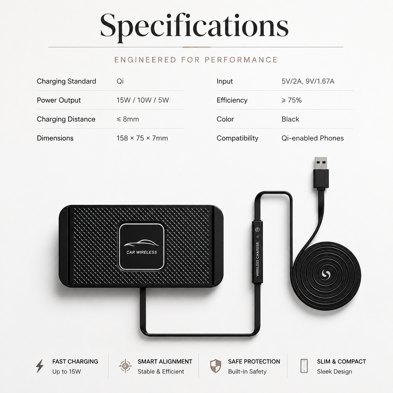 Premium Wireless Car Charger 15W Fast Wireless Charging Dashboard Phone Charging Pad Anti-Slip Silicone Cradle Dock Compatible with iPhone