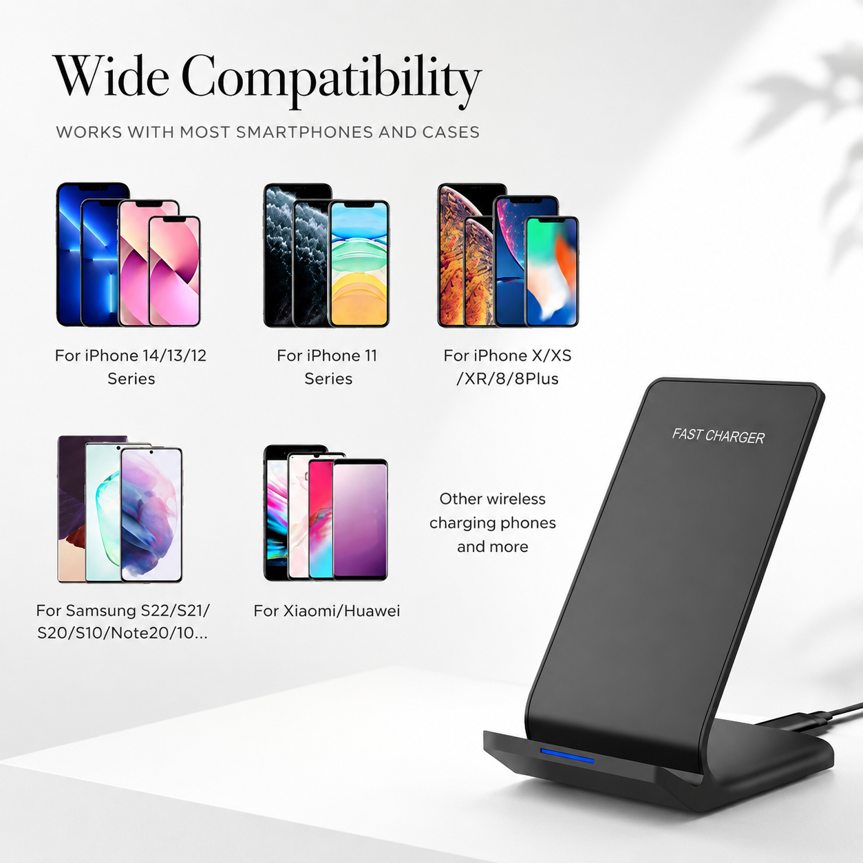 Premium Wireless Charger Stand Fast Qi Wireless Charging Dock Dual Coil USB Type C Fast Charging Anti Slip Safe Charging Vertical Horizontal Compatible with iPhone