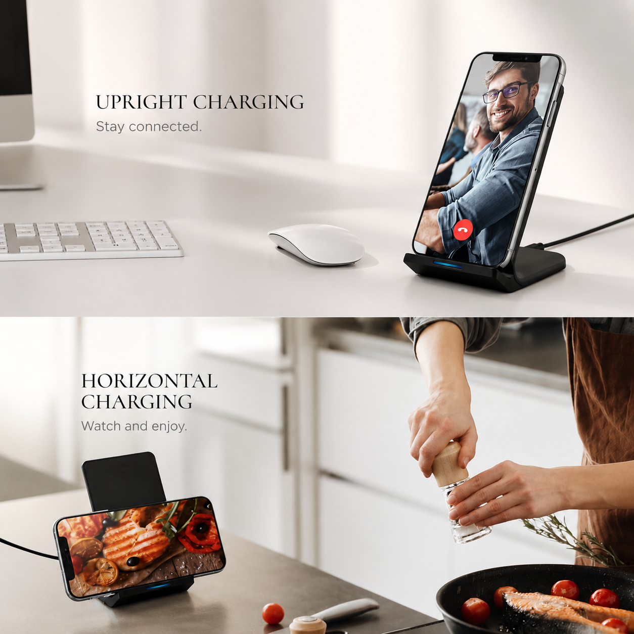 Premium Wireless Charger Stand Fast Qi Wireless Charging Dock Dual Coil USB Type C Fast Charging Anti Slip Safe Charging Vertical Horizontal Compatible with iPhone