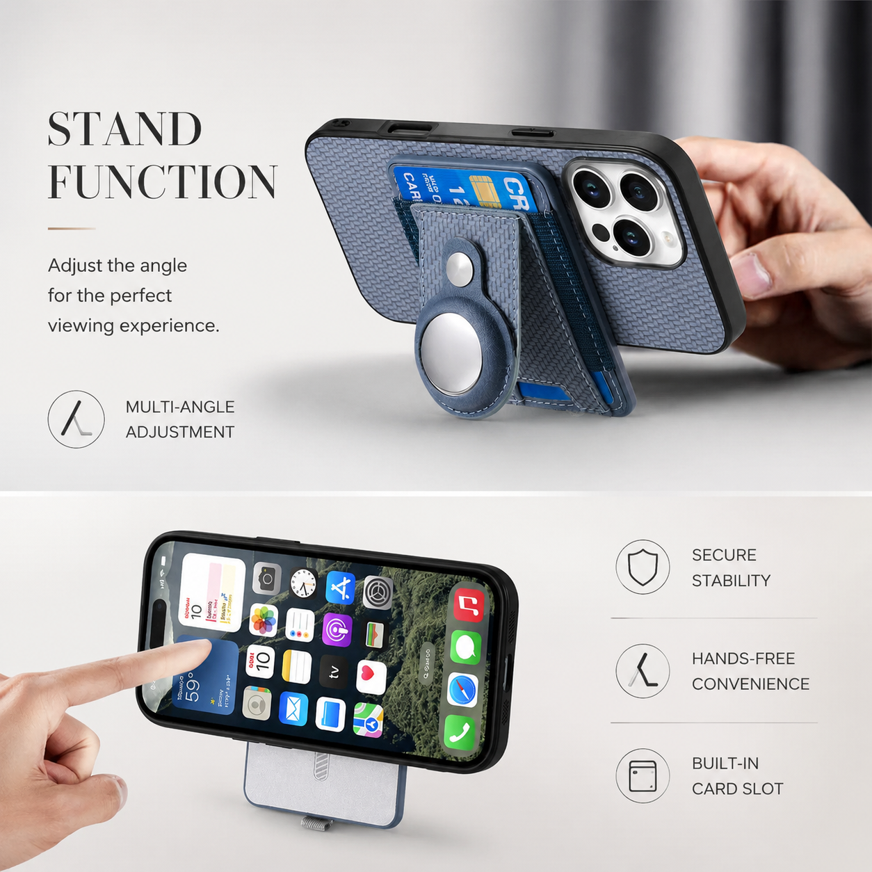 Premium iPhone Case 2-in-1 Detachable Wallet Cover PU Leather Magnetic Card Holder AirTag Holder Wireless Charging Stand Shockproof Protection Design