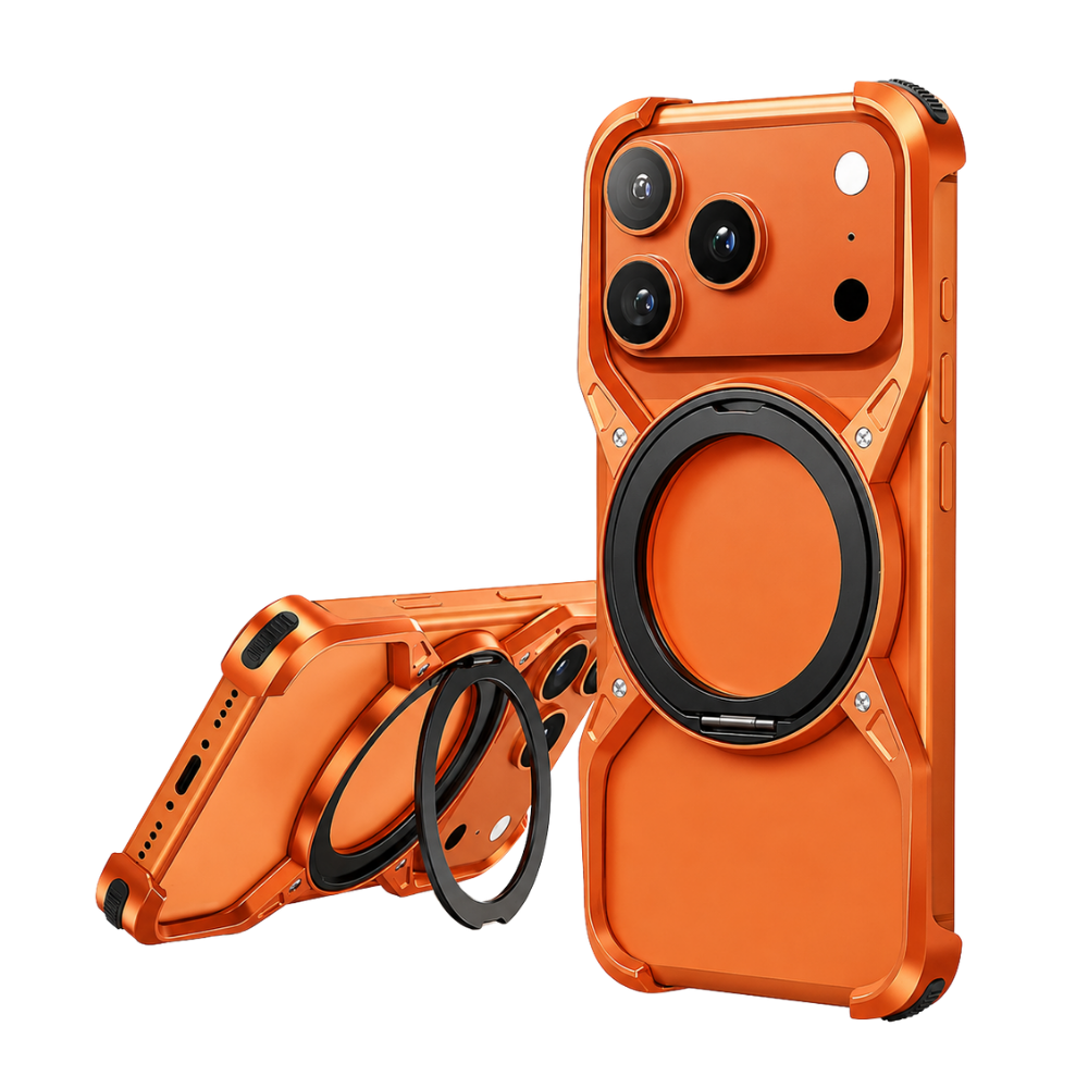 Premium iPhone Case Aluminum Alloy Bumper MagSafe Compatible Magnetic Cover 360° Rotating Ring Stand Shockproof Camera Lens Guard