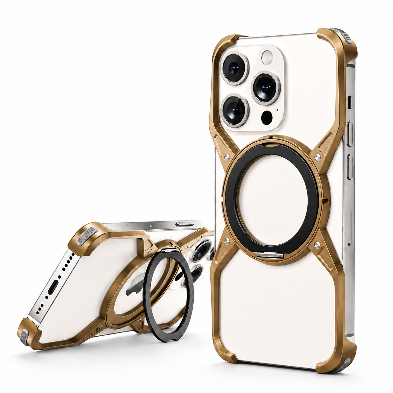Premium iPhone Case Aluminum Alloy Bumper MagSafe Compatible Magnetic Cover 360° Rotating Ring Stand Shockproof Camera Lens Guard