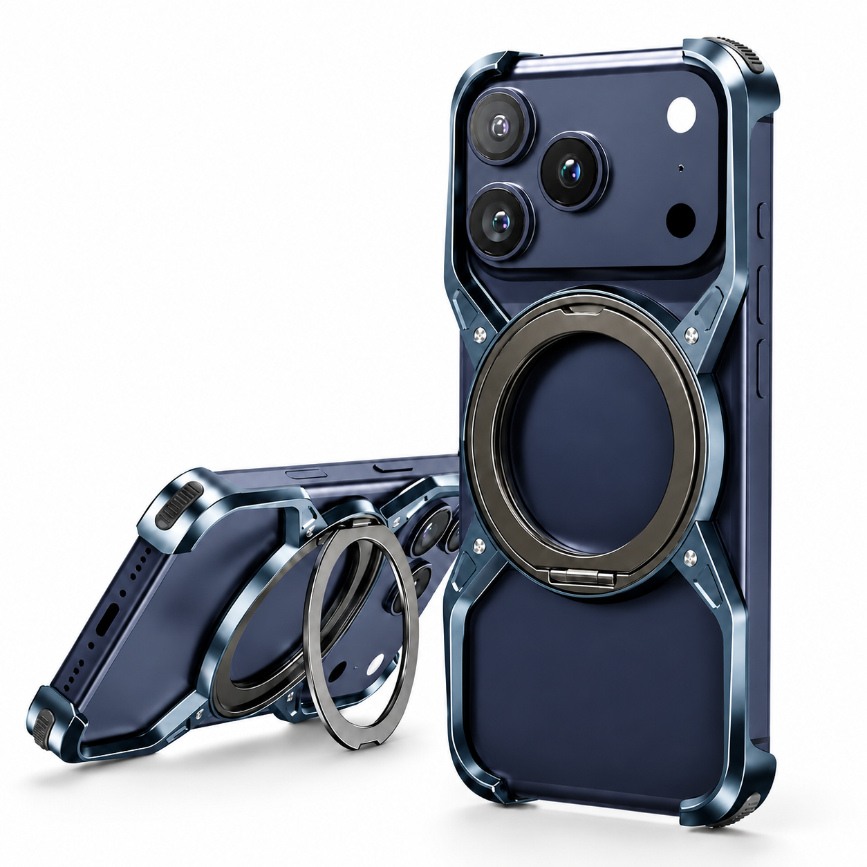 Premium iPhone Case Aluminum Alloy Bumper MagSafe Compatible Magnetic Cover 360° Rotating Ring Stand Shockproof Camera Lens Guard