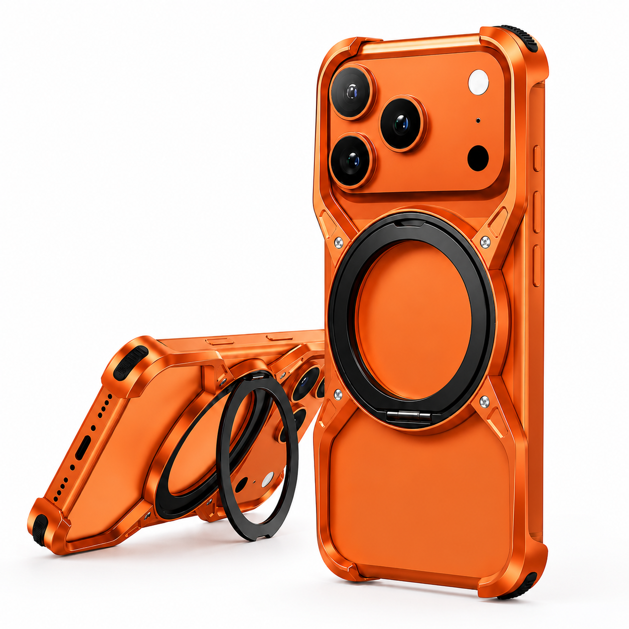 Premium iPhone Case Aluminum Alloy Bumper MagSafe Compatible Magnetic Cover 360° Rotating Ring Stand Shockproof Camera Lens Guard
