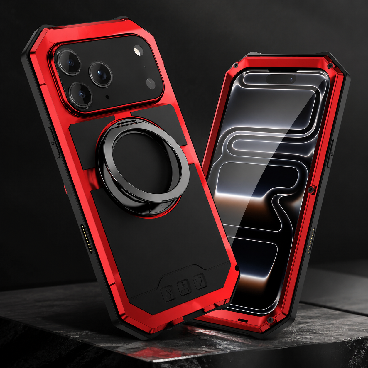 Premium iPhone Case Aluminum Armor MagSafe Compatible Protective Cover Built in Kickstand Glass Screen Protector Shockproof Bumper
