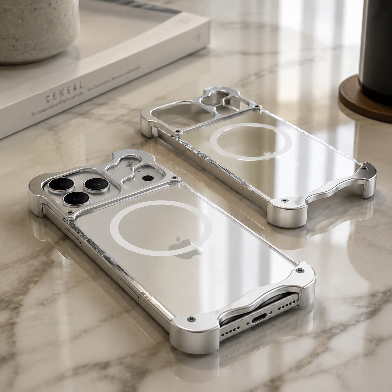 Premium iPhone Case Aluminum Corner Bumper MagSafe Compatible Magnetic Protective Cover Transparent Back Shockproof Camera Lens Guard